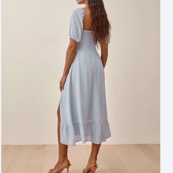 Reformation Meadow Smocked Bodice Slit Square Neck Puff Sleeve Midi In Mineral M - Picture 15 of 15